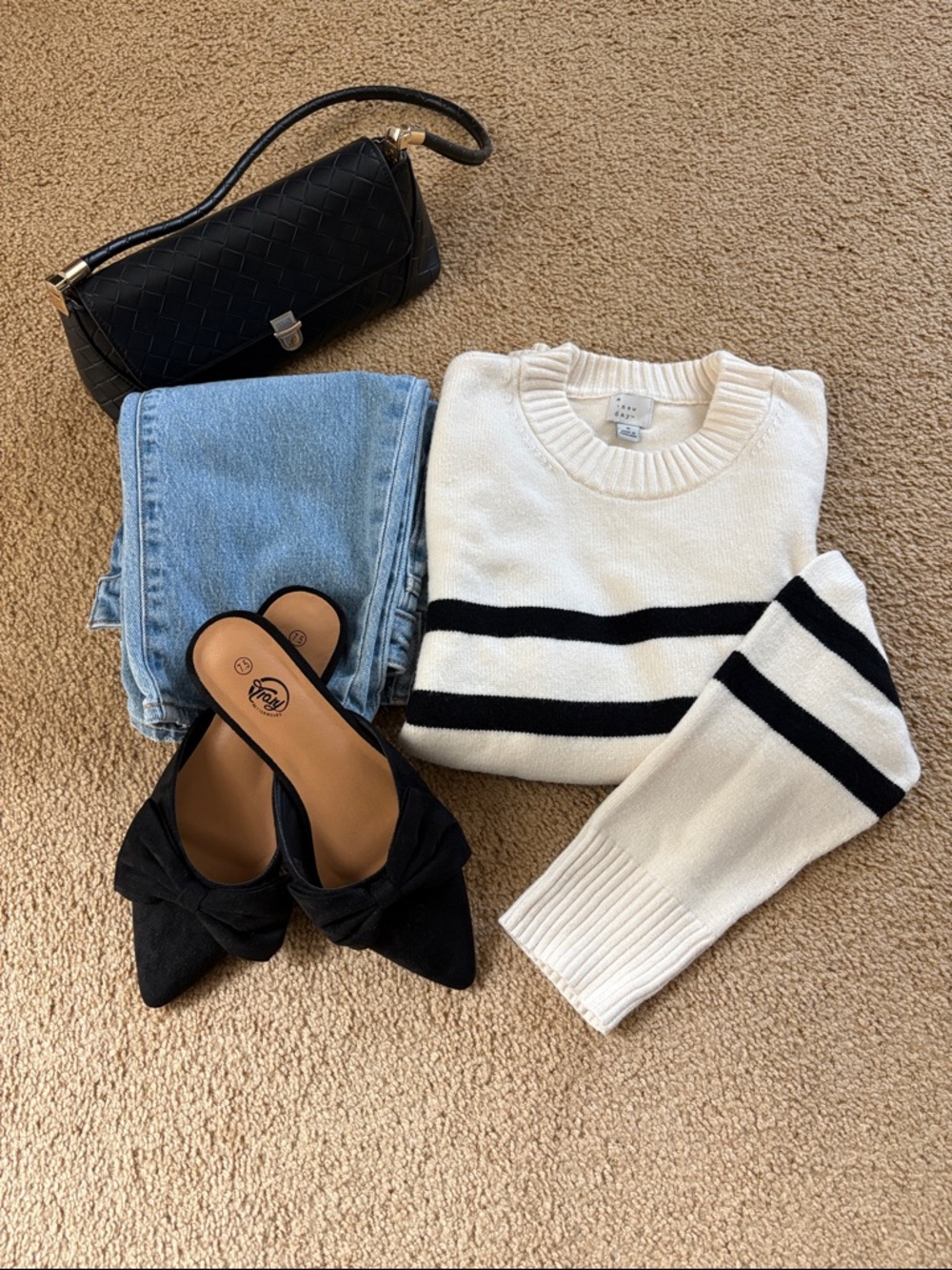 a new day Cream Sweater with Black Stripes - Crew Neck